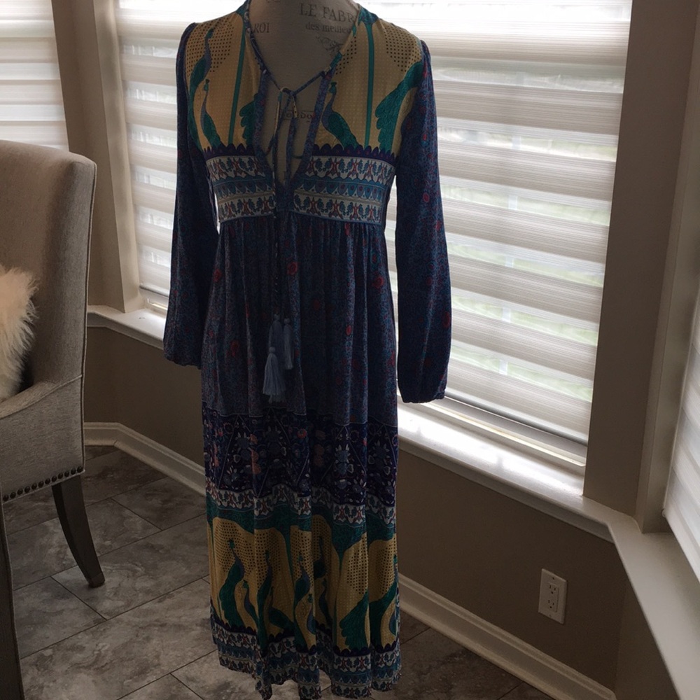 ANTHROPOLOGIE NWOT Boho PEACOCK PRINT TASSEL TIE FRONT SWING DRESS SZ SM